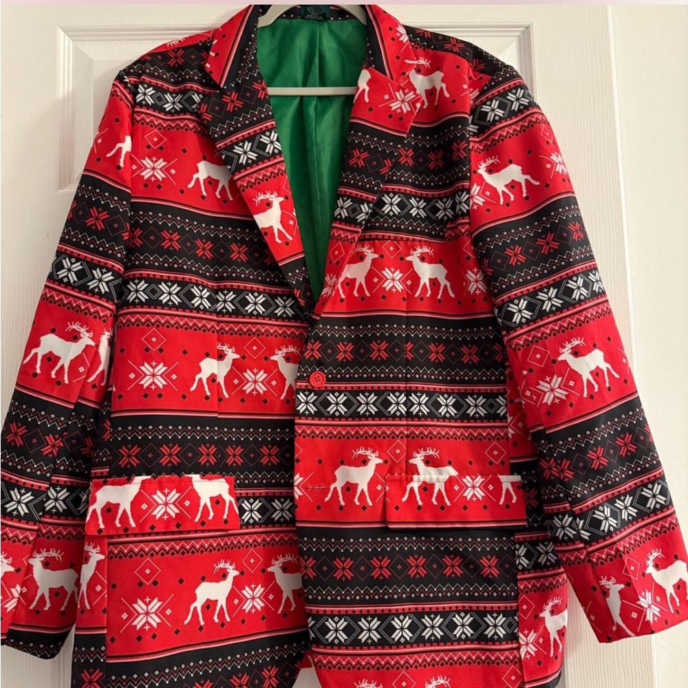Ugly Christmas Reindeer Blazer Jacket XL Fair Isle Red Black‎ Holiday Party
